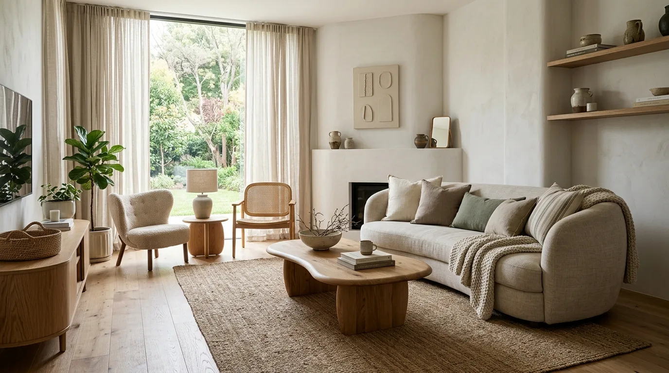 Layer neutral textiles so the room feels richer not busier inspiration for an organic modern living room.